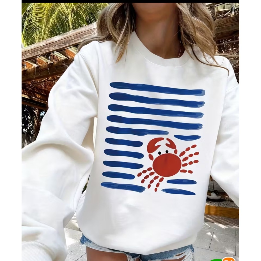 White Crewneck Sweatshirt with Blue Stripes and Crab Graphic - Picture 1 of 2